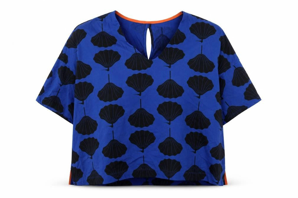 kín Womens Blue Geometric Cotton Basic T-Shirt Size L V-Neck