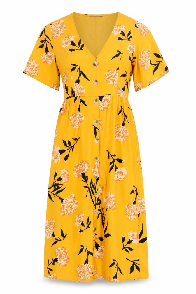 Wednesday's Girl Womens Orange Floral Polyester A-Line Size XS V-Neck Button