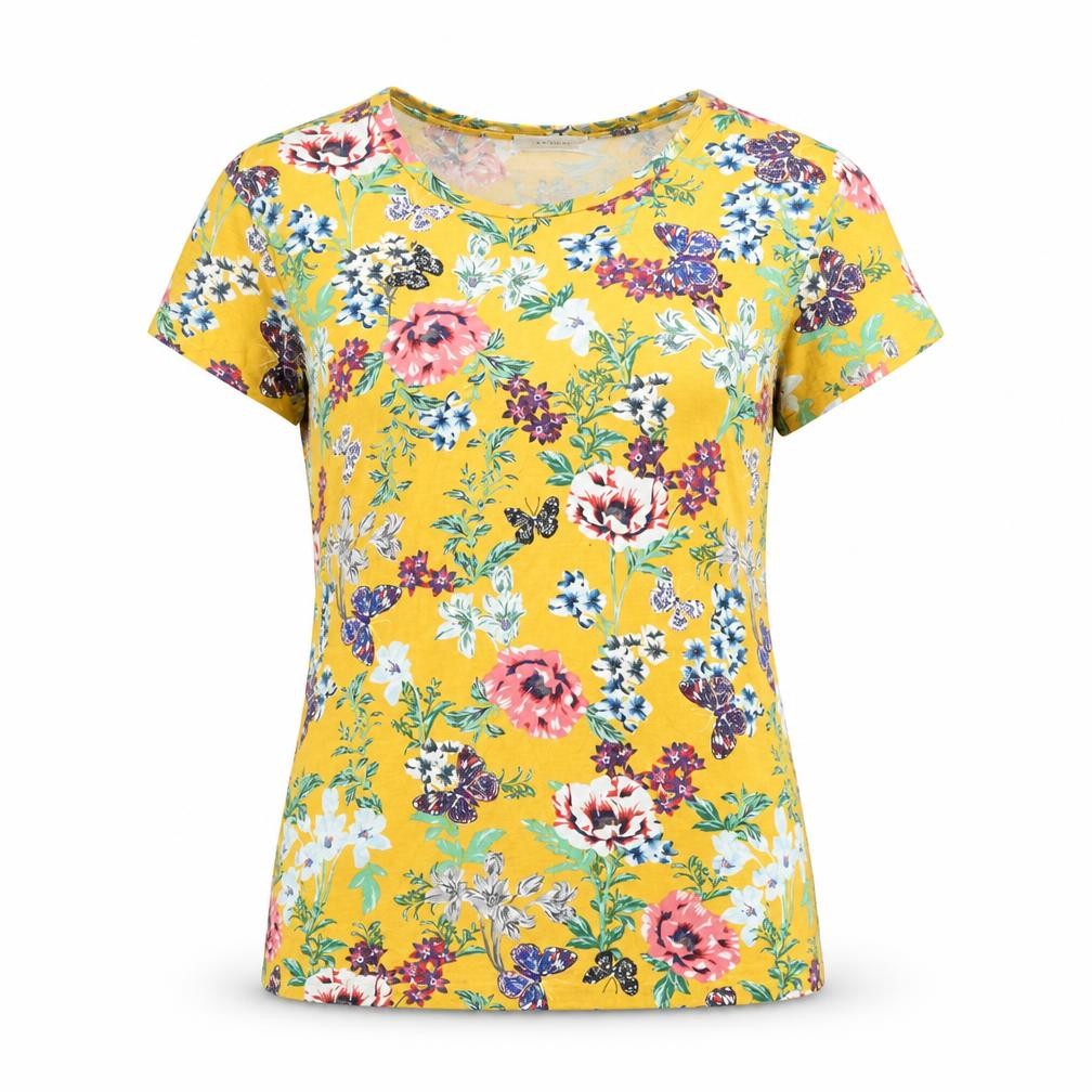 Promod Womens Yellow Floral Viscose Basic T-Shirt Size L Crew Neck