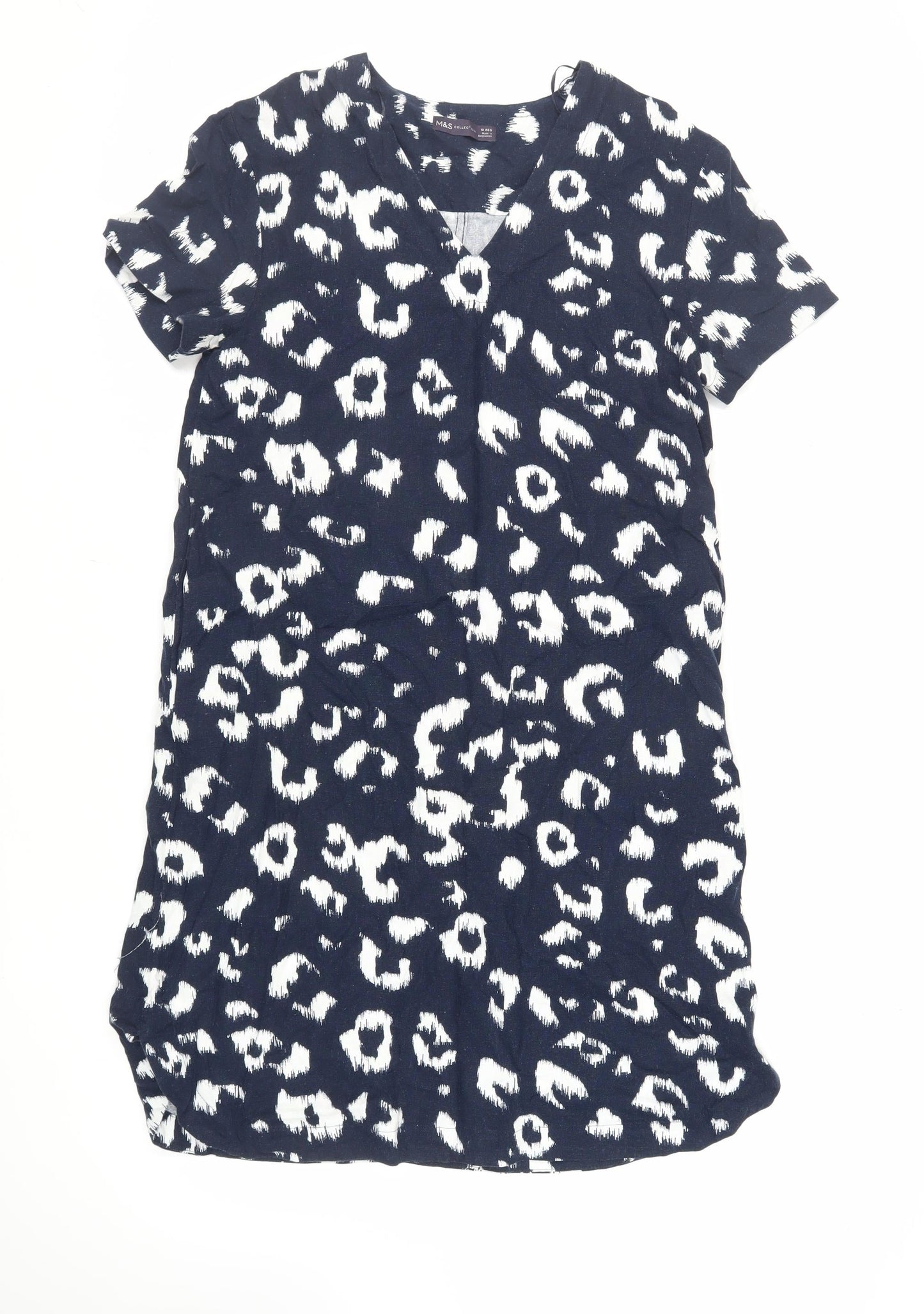 Marks and Spencer Womens Blue Animal Print Linen Shift Size 10 V-Neck - Pockets