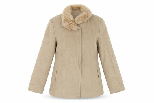 Front view of Principles women’s beige jacket, size UK 12, zip - faux fur collar