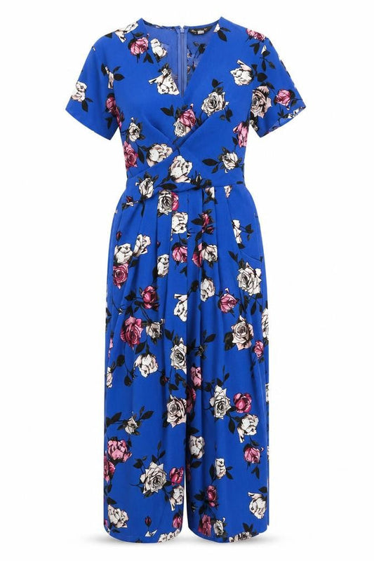 Front view of Miss Selfridge women’s blue floral polyester jumpsuit one-piece, size UK 6, 20-inch leg zip