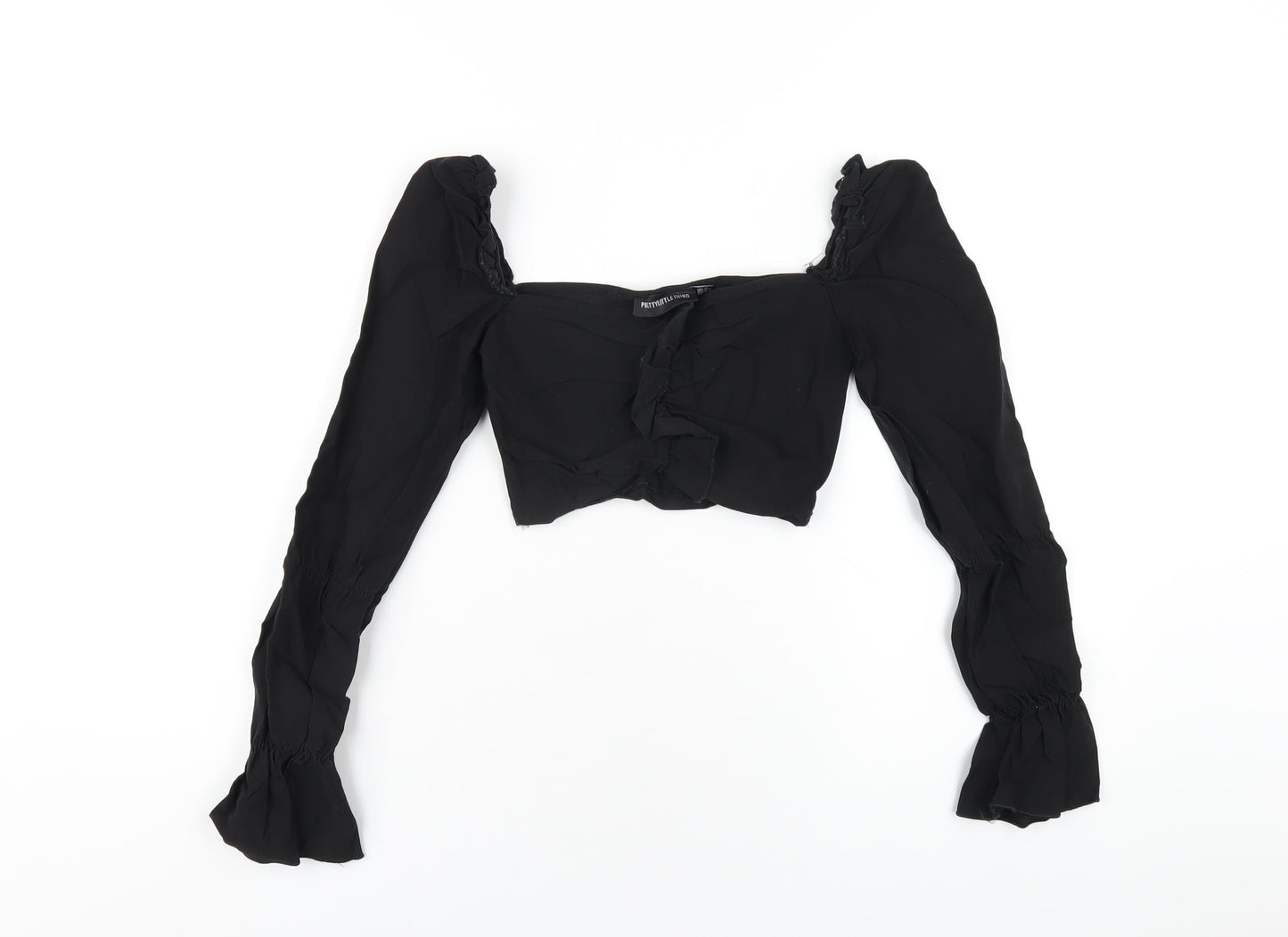 PRETTYLITTLETHING Womens Black Polyester Cropped T-Shirt Size 4 Square Neck