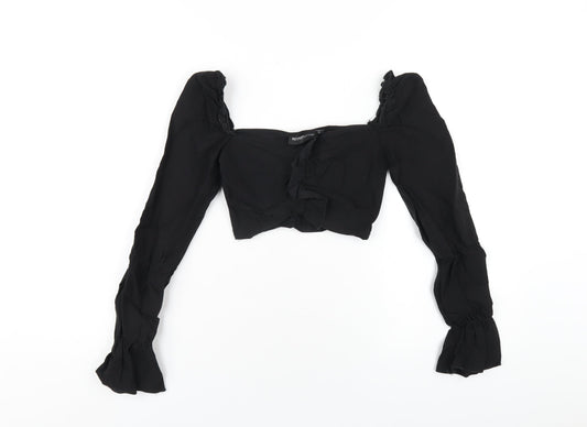 PRETTYLITTLETHING Womens Black Polyester Cropped T-Shirt Size 4 Square Neck