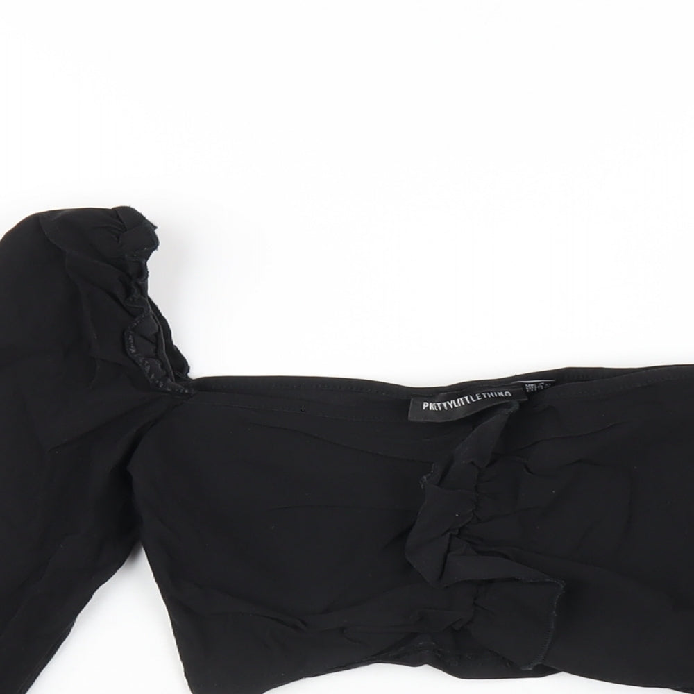 PRETTYLITTLETHING Womens Black Polyester Cropped T-Shirt Size 4 Square Neck