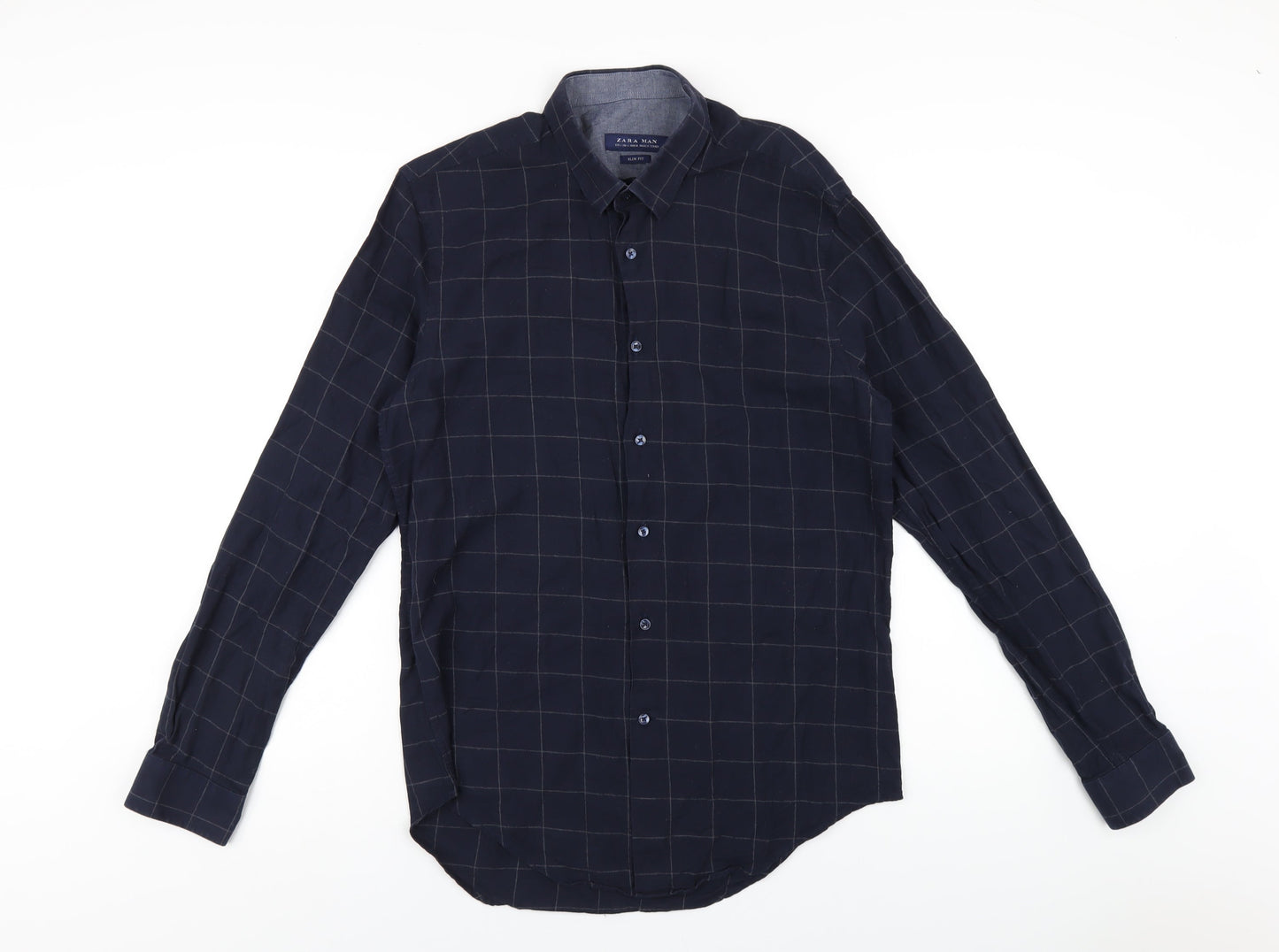 Zara Mens Blue Check Cotton Button-Up Size L Collared Button