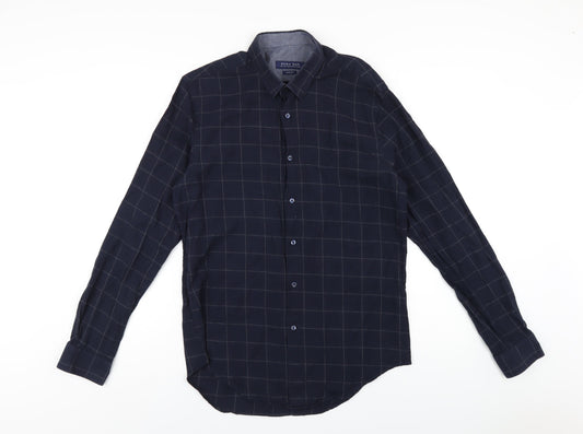 Zara Mens Blue Check Cotton Button-Up Size L Collared Button