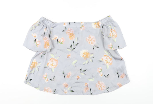 New Look Womens Grey Floral Polyester Basic T-Shirt Size 10 Off the Shoulder