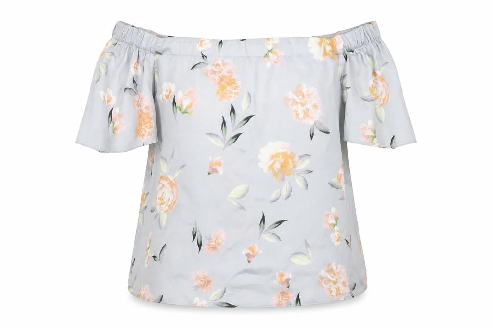 New Look Womens Grey Floral Polyester Basic T-Shirt Size 10 Off the Shoulder