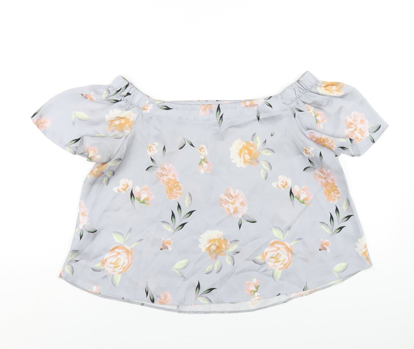 New Look Womens Grey Floral Polyester Basic T-Shirt Size 10 Off the Shoulder