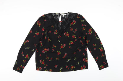 Warehouse Womens Black Floral Polyester Basic T-Shirt Size 16 Round Neck