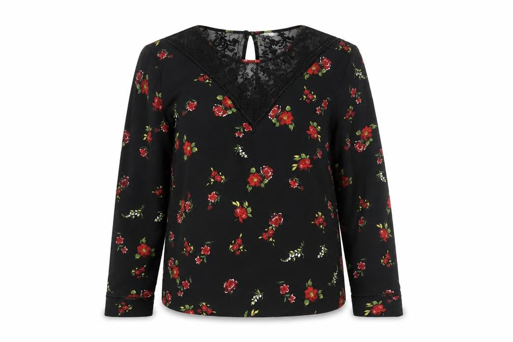 Warehouse Womens Black Floral Polyester Basic T-Shirt Size 16 Round Neck