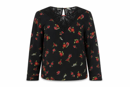 Warehouse Womens Black Floral Polyester Basic T-Shirt Size 16 Round Neck