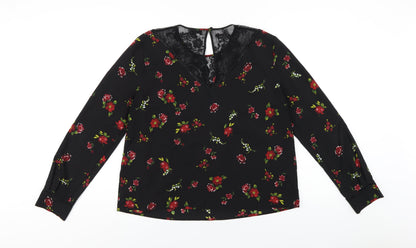Warehouse Womens Black Floral Polyester Basic T-Shirt Size 16 Round Neck