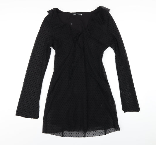 Zara Womens Black Polyester A-Line Size M V-Neck Zip