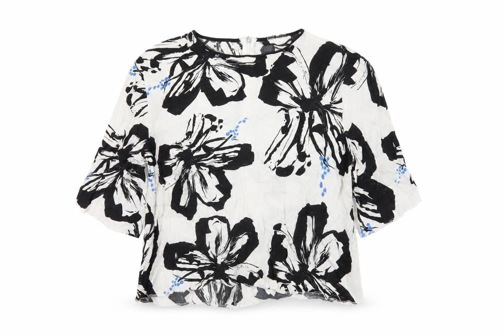 Zara Womens White Geometric Viscose Basic T-Shirt Size L Round Neck