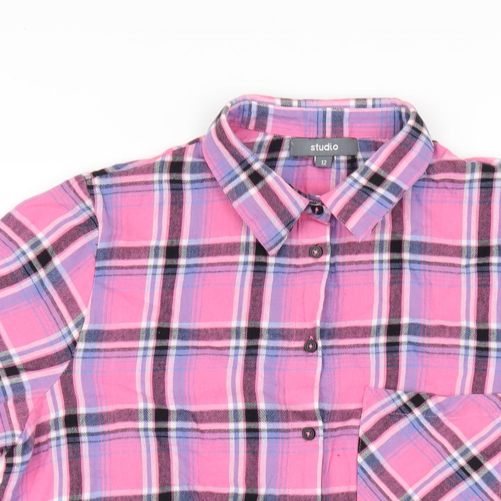 Studio Womens Pink Plaid Cotton Basic Button-Up Size 12 Collared