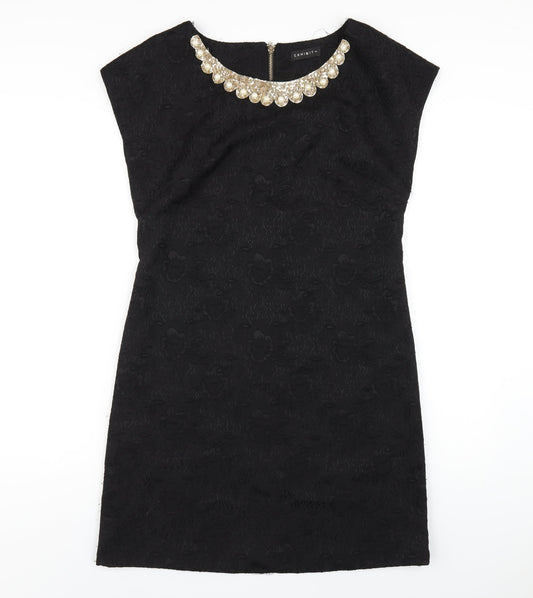 Exhibit Womens Black Polyester A-Line Size 14 Scoop Neck Zip - Beaded Neckline
