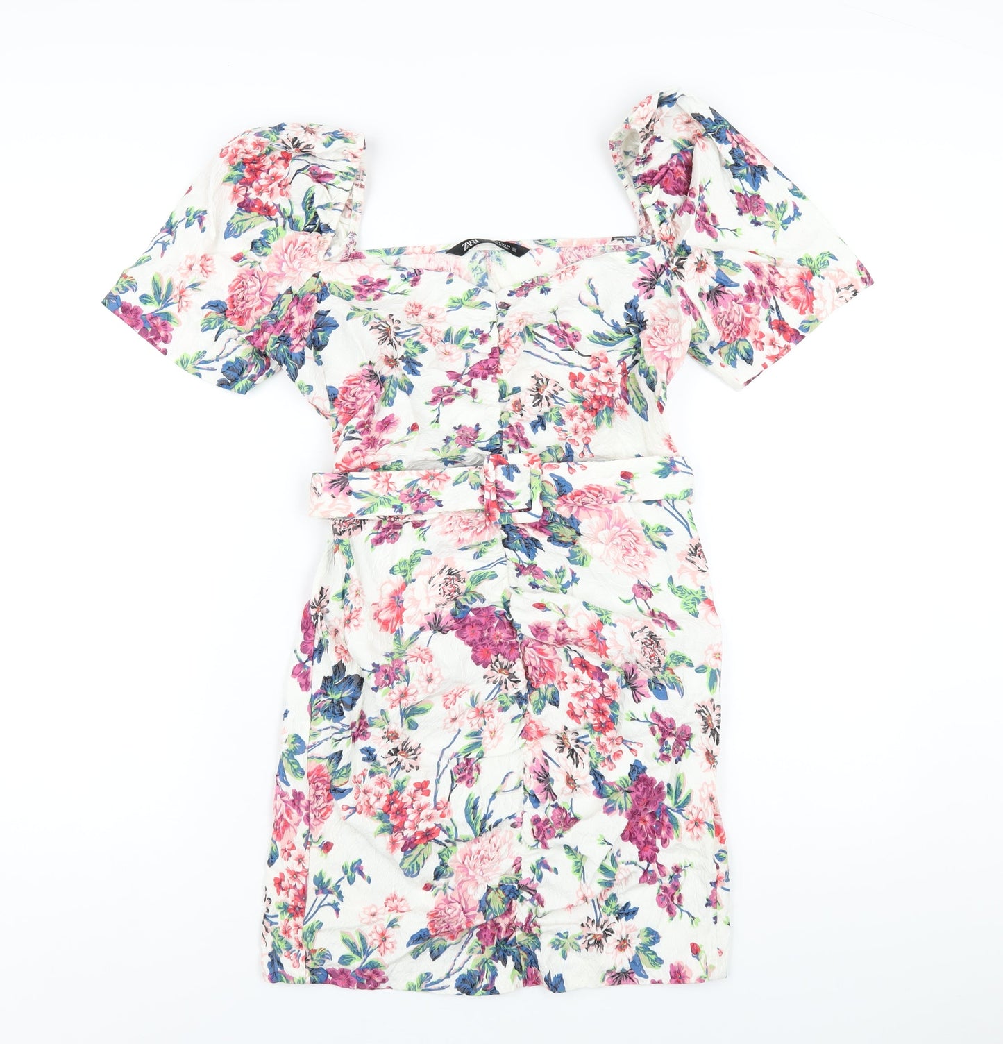 Zara Womens Multicoloured Floral Viscose Bodycon Size L Square Neck Zip