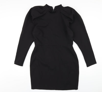 Additional front view of ASOS women’s black polyester a-line, size UK 12, mock neck zip