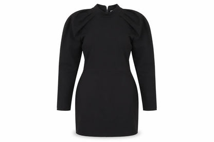 Front view of ASOS women’s black polyester a-line, size UK 12, mock neck zip