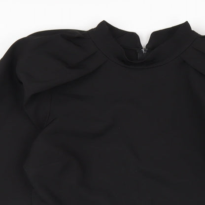 Close-up detail of ASOS women’s black polyester a-line, size UK 12, mock neck zip