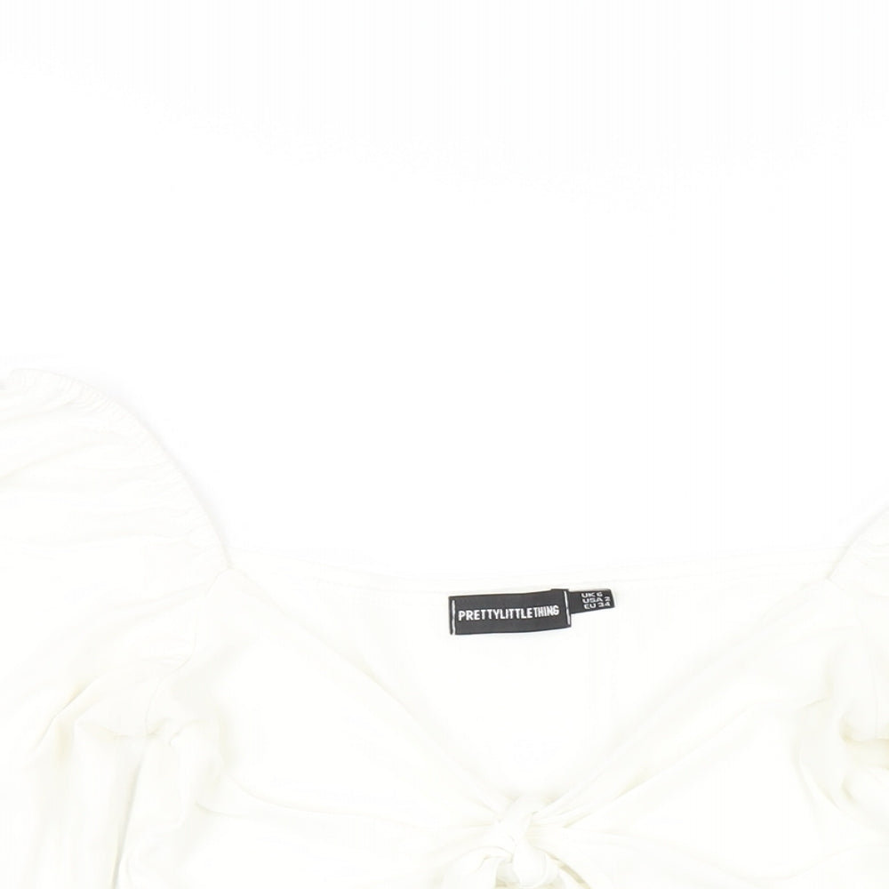 PRETTYLITTLETHING Womens White Polyester Cropped T-Shirt Size 6 Square Neck