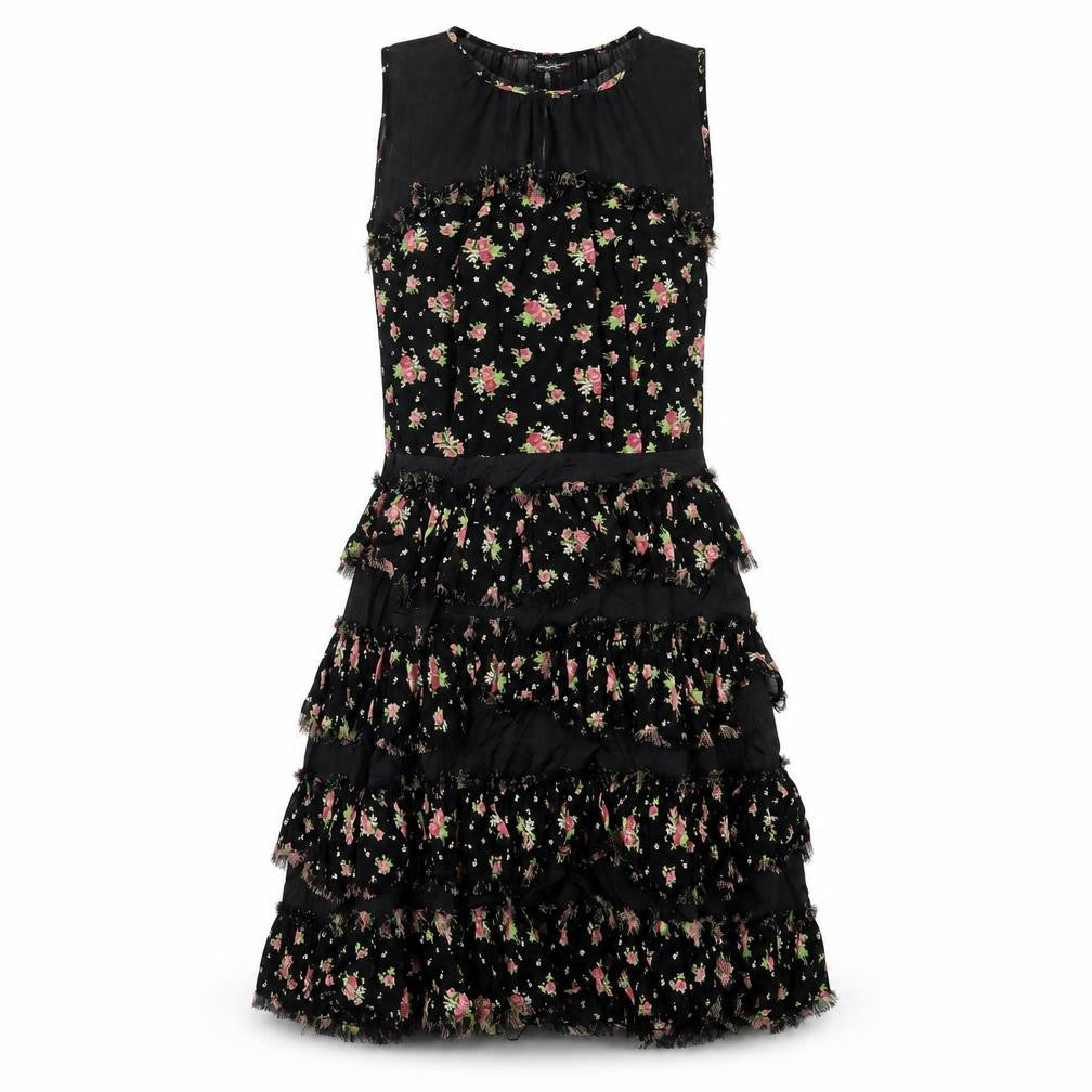 Topshop Womens Black Floral Viscose A-Line Size 10 Round Neck Zip