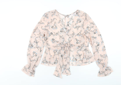 Additional front view of Miss Selfridge women’s pink floral polyester basic blouse, size UK 6, v-neck