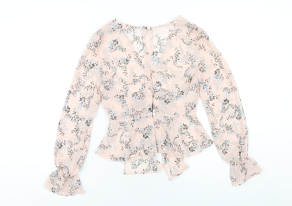 Back view of Miss Selfridge women’s pink floral polyester basic blouse, size UK 6, v-neck