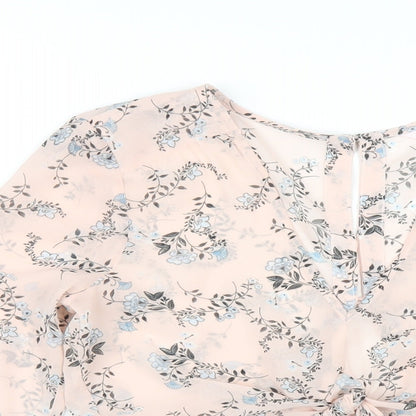 Close-up detail of Miss Selfridge women’s pink floral polyester basic blouse, size UK 6, v-neck
