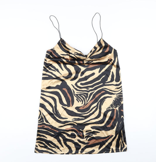 Zara Womens Beige Animal Print Polyester Slip Dress Size S Cowl Neck Pullover
