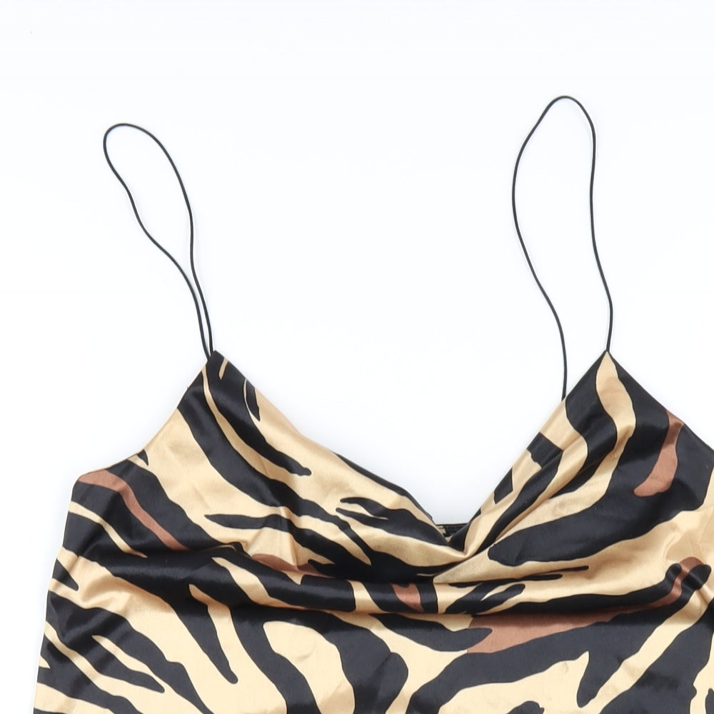 Zara Womens Beige Animal Print Polyester Slip Dress Size S Cowl Neck Pullover