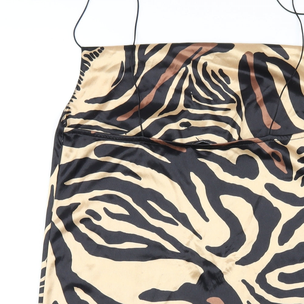 Zara Womens Beige Animal Print Polyester Slip Dress Size S Cowl Neck Pullover