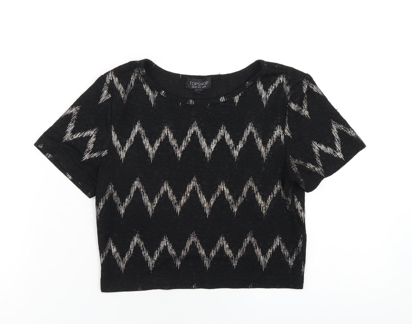 Topshop Womens Black Geometric Polyester Cropped T-Shirt Size 10 Round Neck