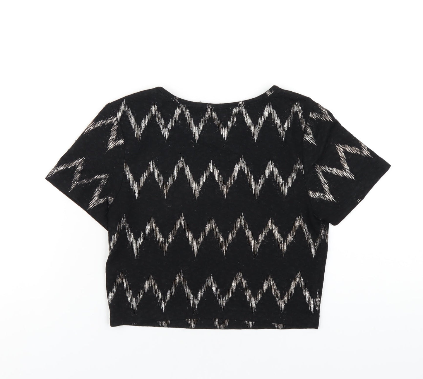 Topshop Womens Black Geometric Polyester Cropped T-Shirt Size 10 Round Neck