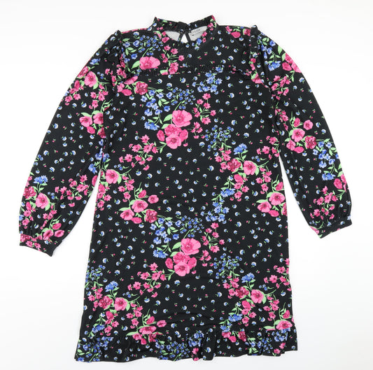 Oasis Womens Black Floral Polyester A-Line Size M Round Neck Button