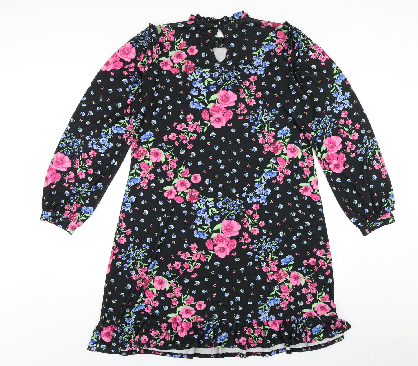 Oasis Womens Black Floral Polyester A-Line Size M Round Neck Button
