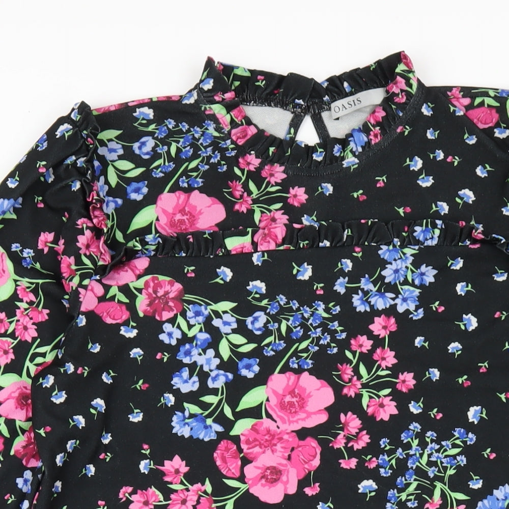 Oasis Womens Black Floral Polyester A-Line Size M Round Neck Button