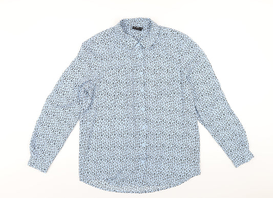 Editor's Cut Womens Blue Animal Print Polyester Basic Button-Up Size 8 Collared
