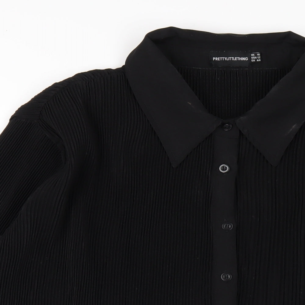 PRETTYLITTLETHING Womens Black Polyester Basic Button-Up Size 16 Collared