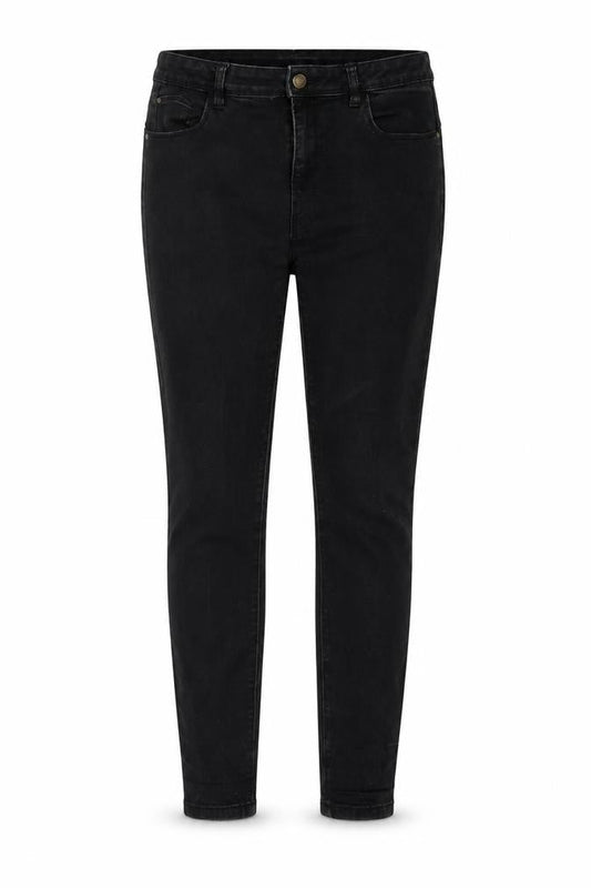 Front view of Denim & Co. women’s black cotton skinny jeans, size UK 14, 28-inch leg regular button
