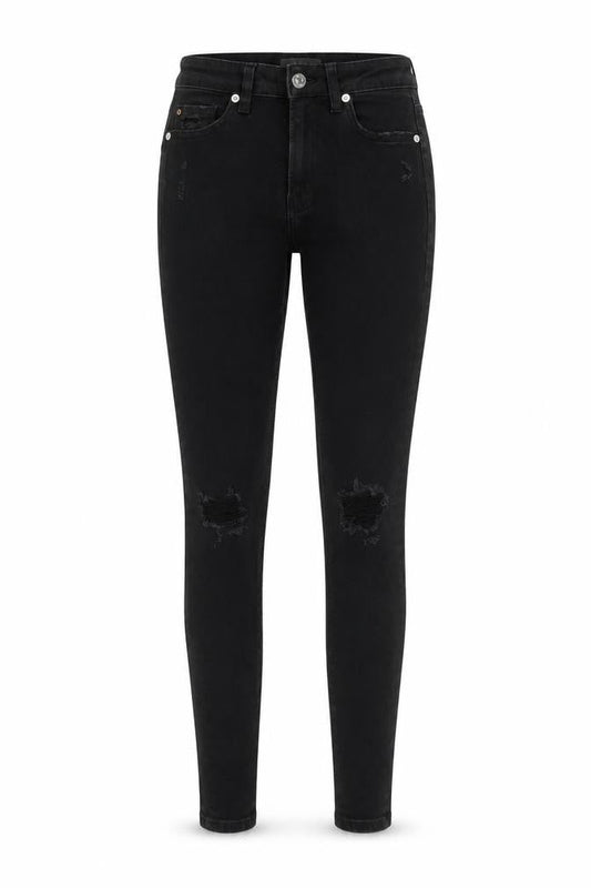 Front view of Denim & Co. women’s black cotton skinny jeans, size UK 8, 27-inch leg regular button