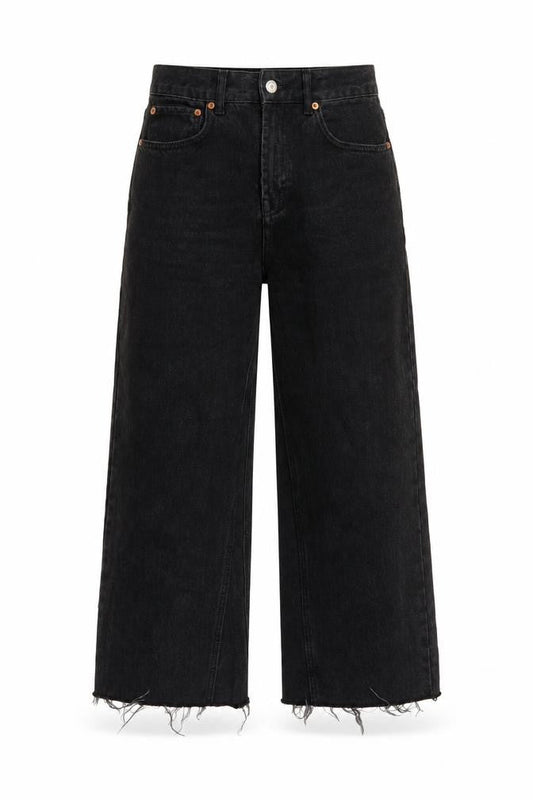 Topshop Womens Black Cotton Wide-Leg Jeans Size 28 in L25 in Regular Button