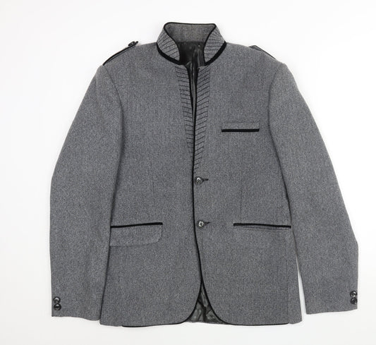 Astonia Mens Grey Herringbone Polyester Jacket Blazer Size 40 Regular - No Lapel Velvet Trim