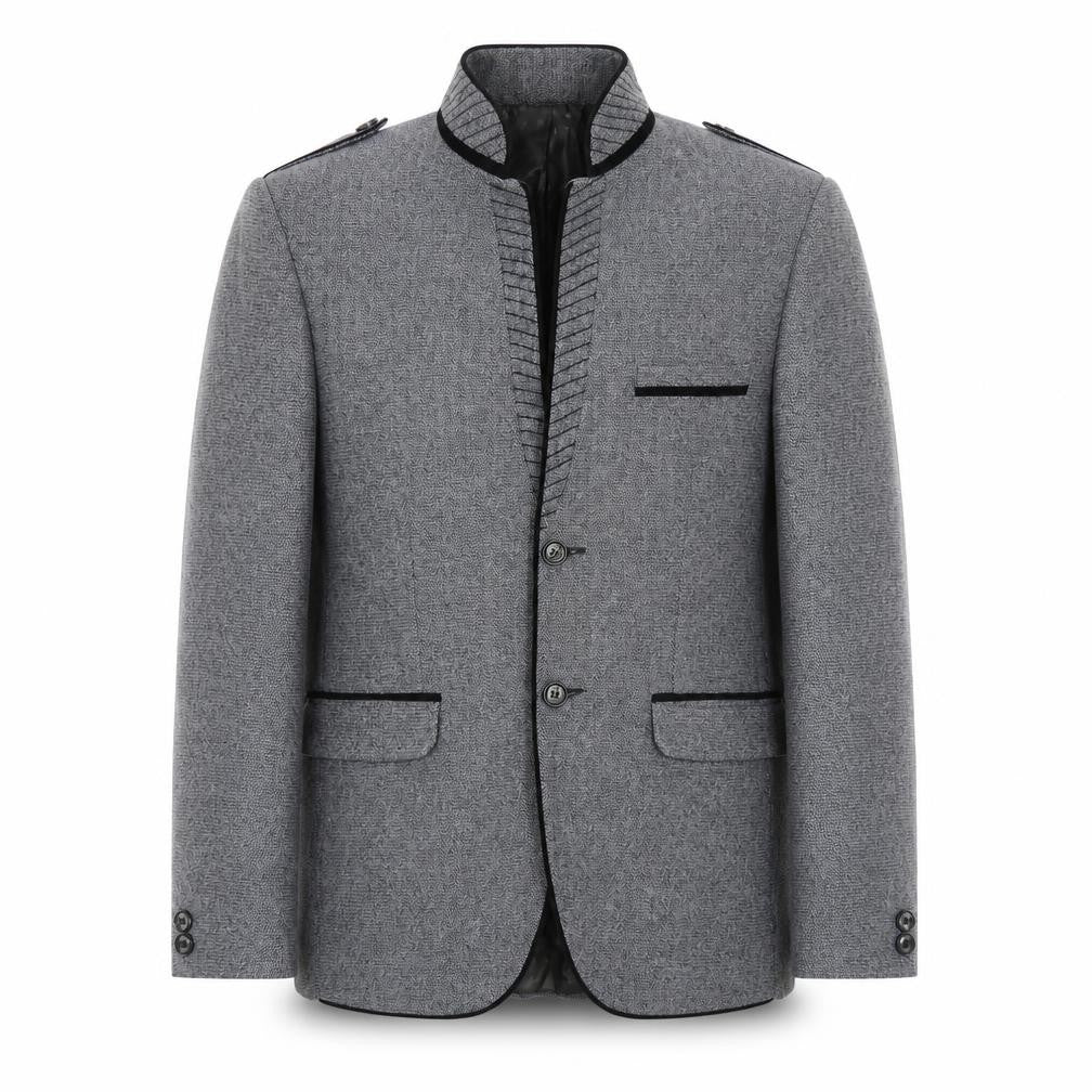 Astonia Mens Grey Herringbone Polyester Jacket Blazer Size 40 Regular - No Lapel Velvet Trim