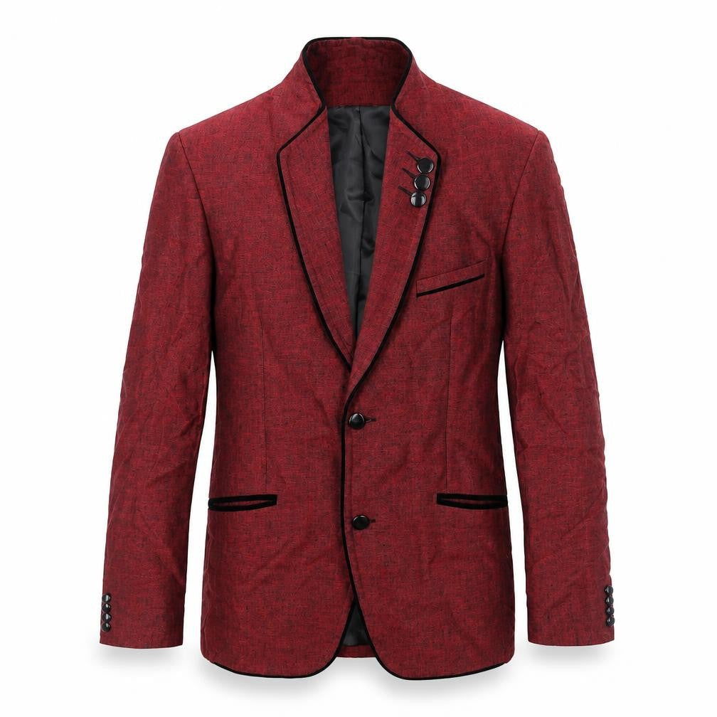 Leemans Mens Red Polyester Jacket Suit Jacket Size 38 Regular - Velvet Trim Detail