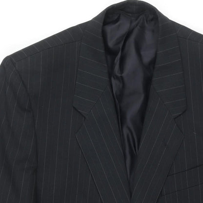 Close-up detail of C&A men’s black striped polyester jacket suit jacket, size 42, regular