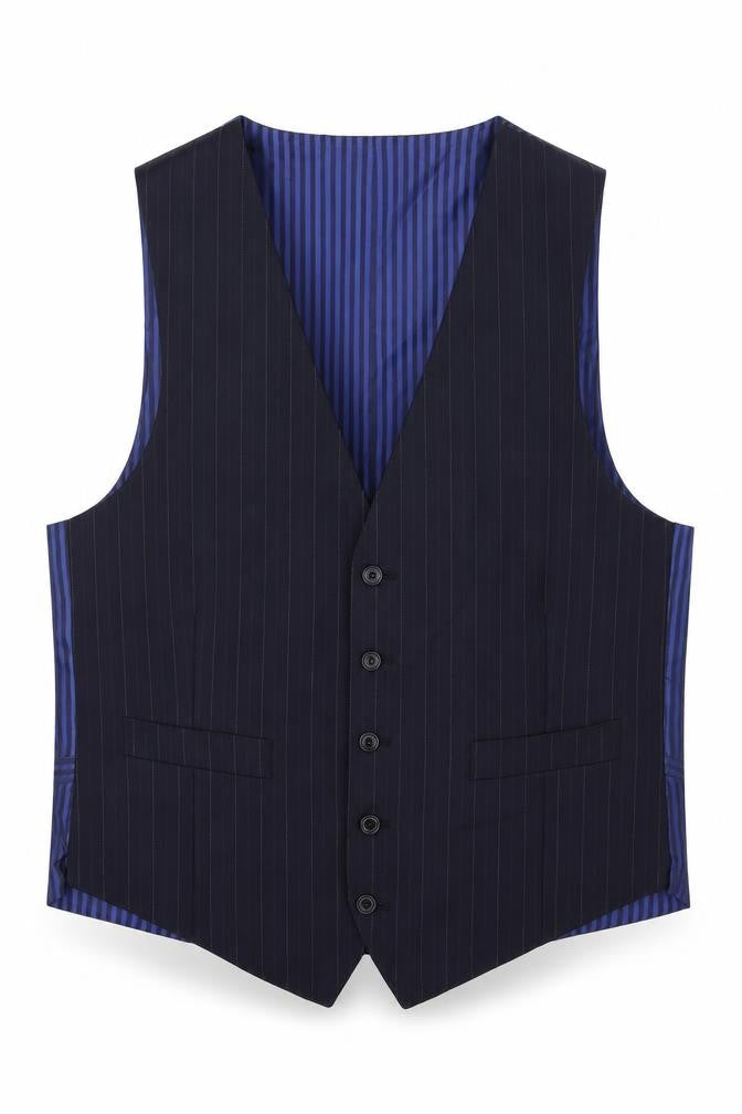 Marks & Spencer Mens Blue Striped Wool Jacket Suit Waistcoat Size M Regular