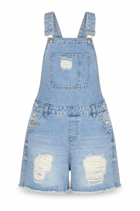 Front view of Denim & Co. women’s blue cotton playsuit one-piece, size UK 6, 3-inch leg button - distressed